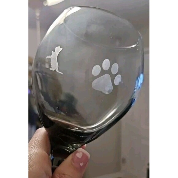 Smoke Gray Wine Glass Set Of 2 With Cat & Pawprint Etching 8” - Picture 2 of 8